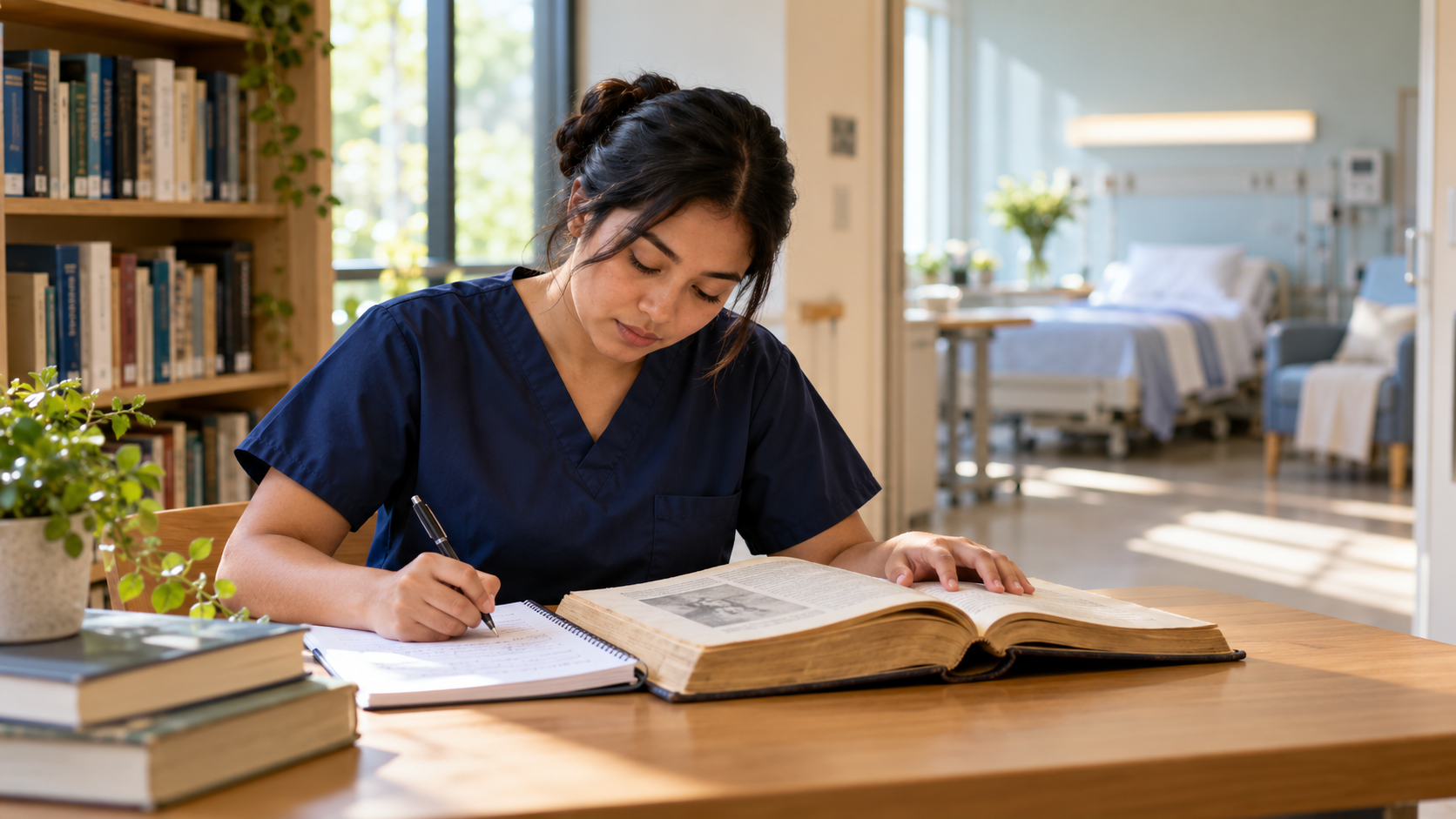 Nursing student studying Nightingale’s Environmental Theory beside a bright simulated care room