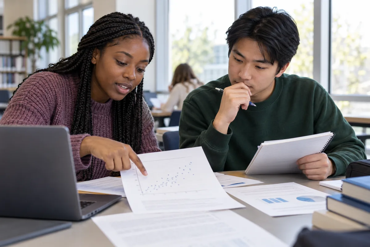 Nursing students comparing research findings for an essay on association and causation