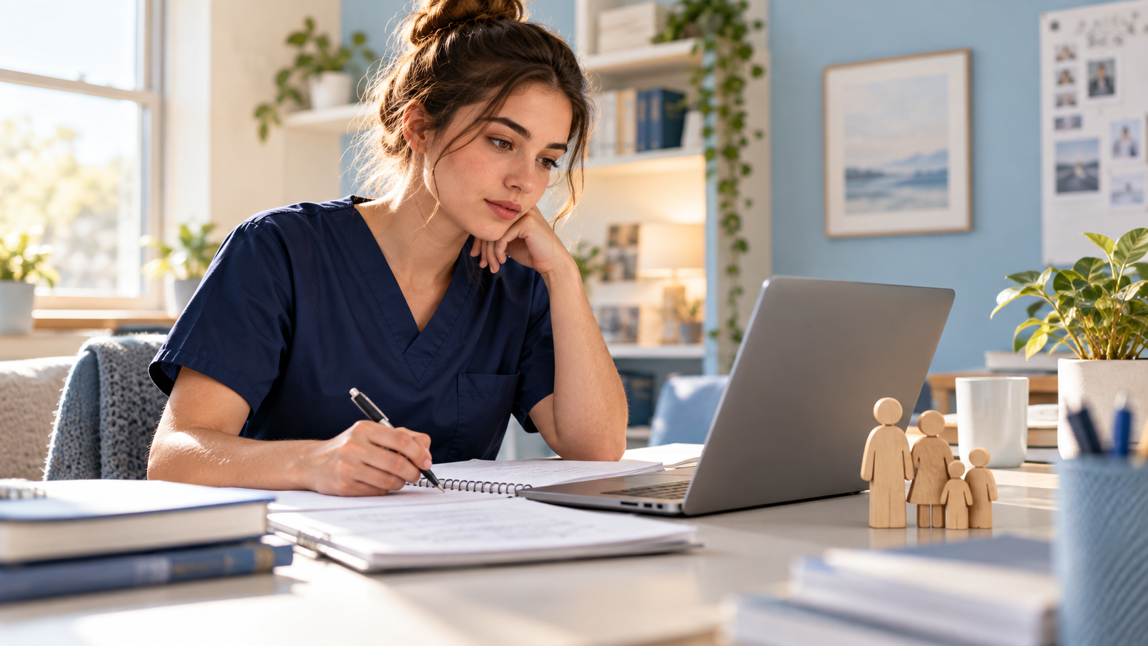 Nursing student reviewing an attachment theory case study beside wooden family figures