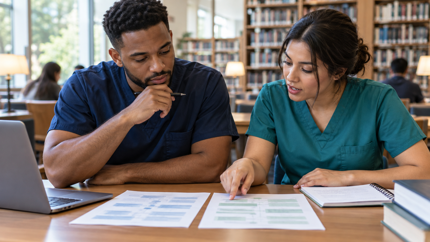Nursing students comparing psychological perspectives for an essay in a university library
