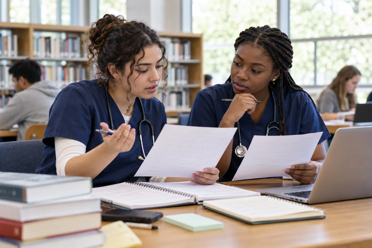 Nursing students comparing study notes for an essay on conflicting assessment findings