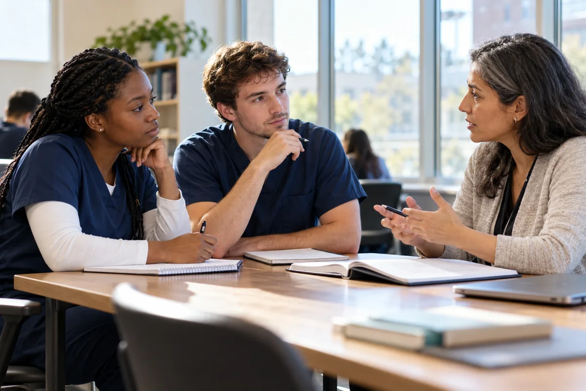Nursing students discussing conscientious objection with a tutor