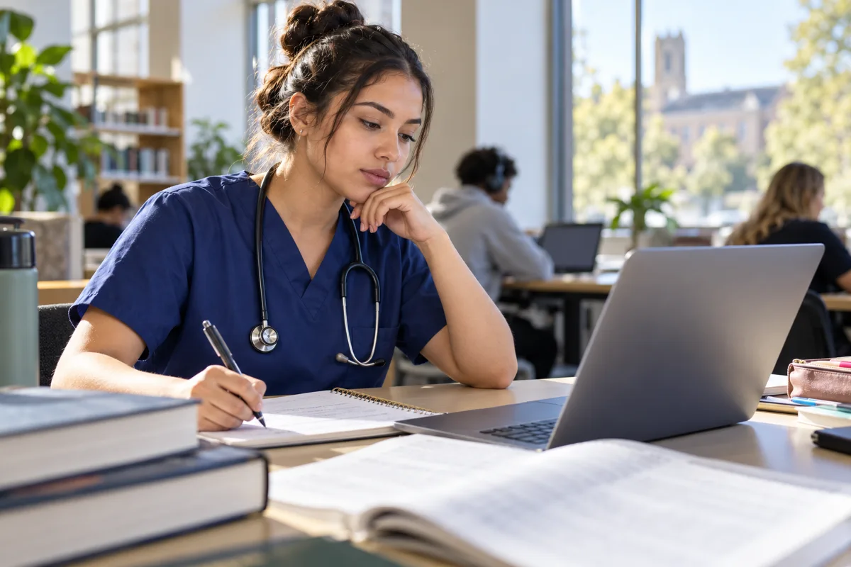Nursing student writing about copying information in electronic patient records