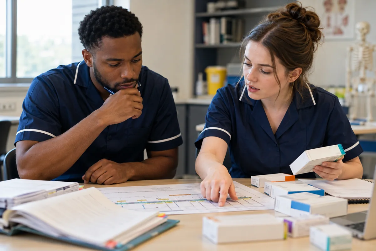 Nursing students examining medication histories for polypharmacy case studies