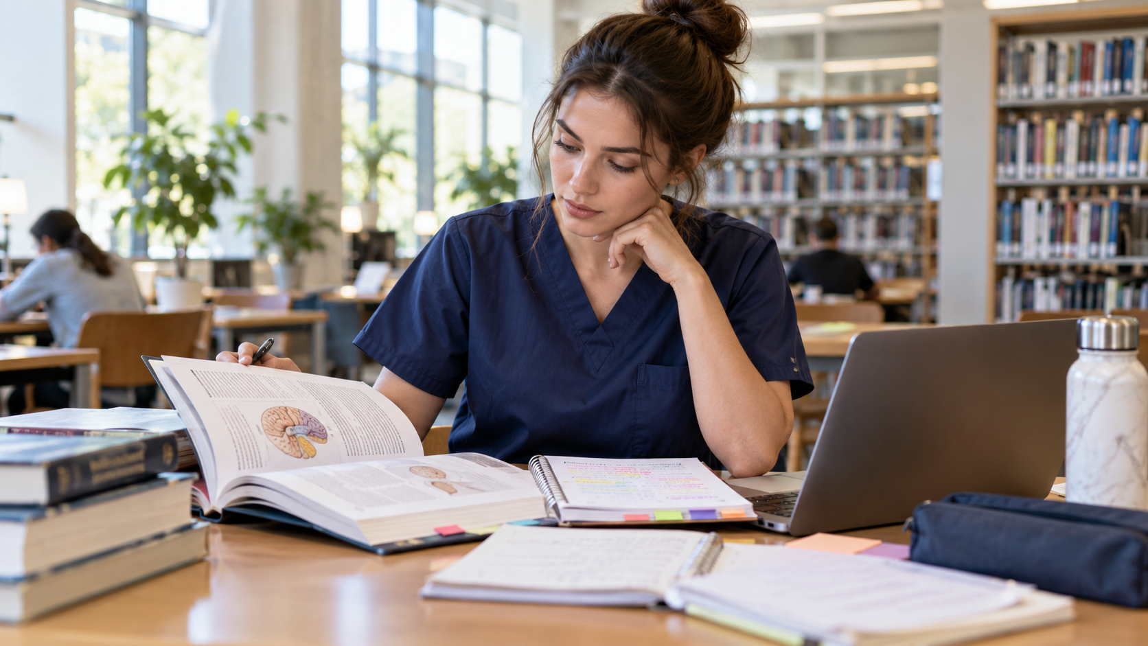 Nursing student using psychological theories in a nursing assignment at a library desk