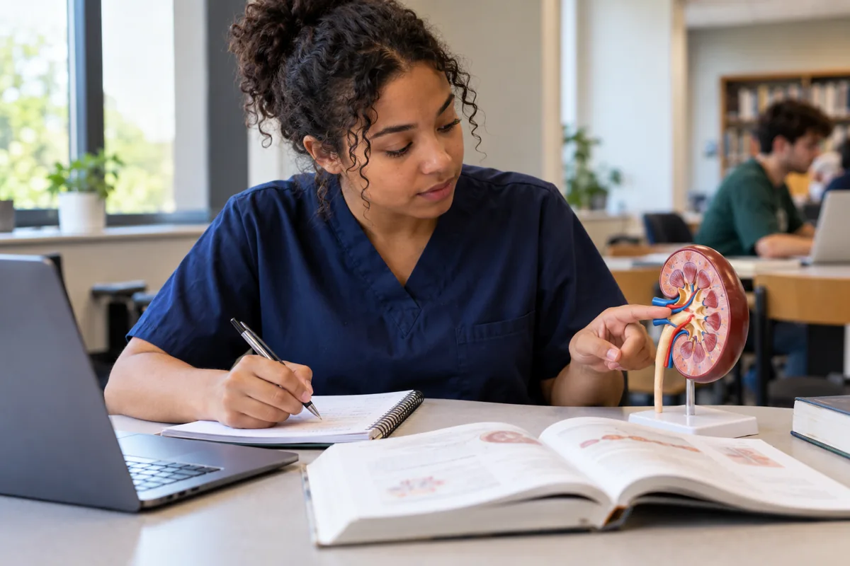 Nursing student reviewing pharmacology beside an anatomical kidney model