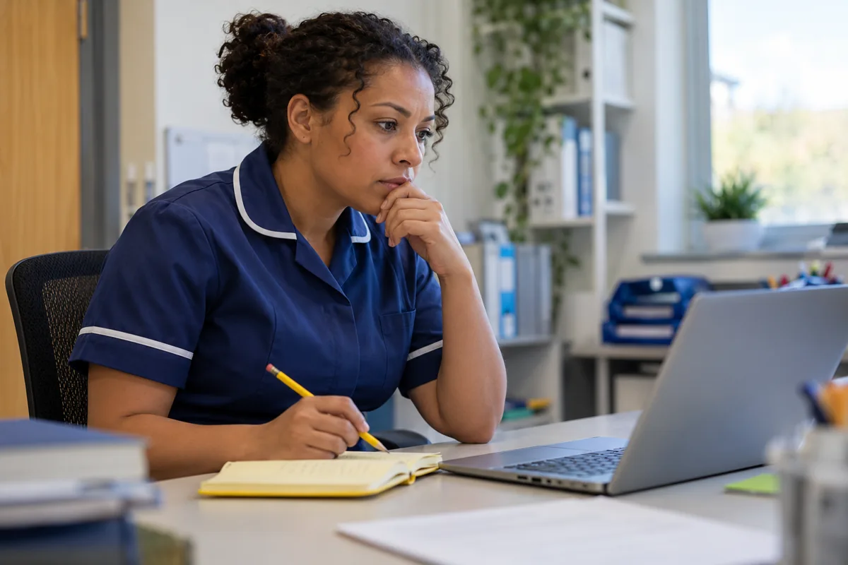 Nurse reviewing a medicines safety report to assess the limits of reporting evidence